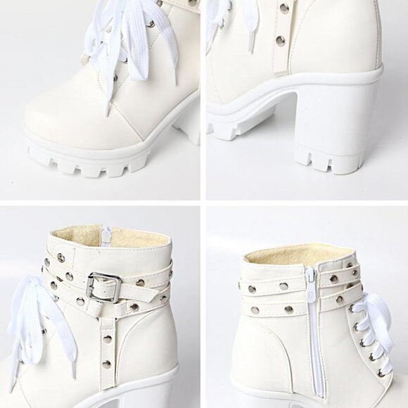 Meotina Women Chunky White Microfiber High Heel Rivets Platform Ankle Bootie - Picture 7 of 7